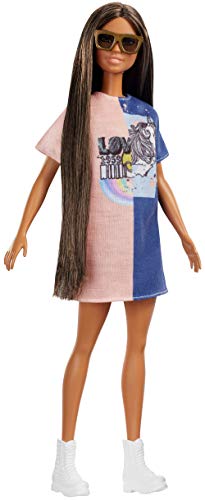 Barbie FXL43 Fashionistas Doll, 2 Tone Graphic Dress - Curvy, Long Brunette Hair